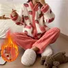 Vrouwen Nachtkleding Vrouwen Pyjama Sets 2024 Herfst Winter Warm Flanel Dikke Homewear Lange Mouw Cartoon Vrouwelijke Pyjama Pak