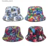 ワイドブリム帽子バケツ帽子スプリング新しいバケツ帽子レタープリントクールパーソナリティビーチ両面女性サンハットバケツハットパナマCフィッシャーマンL240305