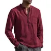 Chemises à manches longues en coton et lin pour hommes, couleur unie, col montant, Style plage décontracté, grande taille, été, 240306