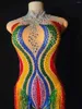 Sahne Giyim Fringe Rhinestone kolsuz bodysuits Kadın Ponpon kız dans kostümü gökkuşağı renk çok renkli rave festivali