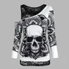 Goth Dark Streetwear Top Lace Sexy TShirt 2PCS Set Gothic Aesthetic Skulls Printed Long Sleeve Round Neck Tops Halloween 240229