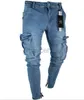 Jeans voor heren Herenjeans met gescheurde zak Blauwe effen kleur Denim broek Heren Slim Fashion High Street Biker Jeans Mannelijke lange broek Jeans met potloodbroek 240308