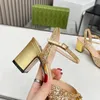 2024 Nieuwste HOGE Kwaliteit glanzende Sandalen Slippers vrouwen bling Luxe Echt Leer Mode dikke hak slingback metalen gesp party schoenen jurk merk Designer