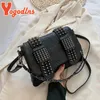 Jogodlns kobiety czarne skórzane torby komunikatorowe moda moda vintage messenger fajne nity czaszki torby na ramię sac a główny bolsa 240304