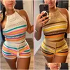Kvinnors träningsdräkter Summer Rainbow Sticked Crop Top 2 Piece Kort byxa Set Set Womens Outfits Clothhet Backless Two Set Y Cl Dhoyl