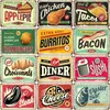 Metal Painting Burger Chicken Cakes Bacon Tin Sign Metal Decorative Plaques Retro Kitchen Restaurant Art Plate Paintings Decor Pin Up Food Sign T240309