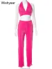 Suits Sexy V Neck Halter Pet Crop Top + Wide Ben Pants Two Piece Set Women Clothing Elegant Pleated Night Club Rave Party Outfits