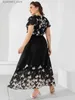 Urban Sexy Dresses Plus Size Casual Womens Dresses 2023 Summer Ruffles V Neck Short Sleeve Floral Maxi Long Dress Black Chiffon Boho Beach Dresses L240309