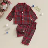 Christmas Kids Girls Boys Pajamas Set Set Sallo -Owear Suible Plaid Button Up -Long Rękaw Koszula i splasy elastyczne 2PCS Toddler Sleepar 240304