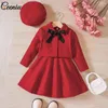 Ensembles de vêtements Ceeniu Automne Hiver Enfants Fille Tweed Tenues Chaud Bowknot Manteau Polaire Robe Rouge Avec Béret Enfants Vêtements De Noël Filles