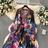 Grundläggande avslappnade klänningar Nya 2024 Summer Bohemian Chiffon Maxi Dress Women's Deep V-ringen Long Lantern Sleeve Floral Print Boho Robe Vestidos