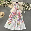 Casual Dresses Runway Summer Holiday Gorgeous Flower Long Dress Women's Stand Sleeveless Single Breasted Belt Floral Print Long Vestidos 2024
