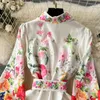 Casual Dresses Fashion Runway Flower Holiday Dress Women's Lapel Long Lantern Sleeve Single Breasted Floral Print Belt Party Vestidos 2024