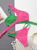 Women's Swimwear Sexy Contrast Bikini Women Pink Green Patchwork One Shoulder Cut Out High Waist Swimsuit 2024 Summer Bathing Suit