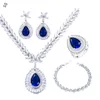 Ensemble de 4 boucles d'oreilles et collier classiques en Zircon carré, goutte d'eau bleue, bague pour robe de soirée, accessoires de chaîne