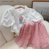 T-shirts Été Filles Vêtements Ensembles Style Coréen Mignon Creux Dentelle Revers Haut + Jupe Florale Mode Bébé Enfants Tenue Enfants Vêtements Costume L240311