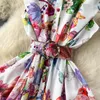 Casual jurken Runway zomer vakantie prachtige bloem lange jurk dames opstaande mouwloze riem met enkele rij knopen bloemenprint lange vestidos 2024