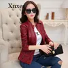 Women's Leather Burgundy Women Pu Short Slim Jacket Round Neck Zipper Coat Female Outerwear Fashion Jacke M-2XL Red Moto