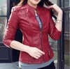 Women's Leather Burgundy Women Pu Short Slim Jacket Round Neck Zipper Coat Female Outerwear Fashion Jacke M-2XL Red Moto