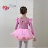 Stage Wear Ballet Dancewear Fille Mignon Tutu Robe À Manches Longues Justaucorps À Volants Cou Swan Lake Costumes De Fête Ballerines Avant Doublé Rose