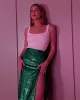 skirt Shimmery Silver Sequined Split Women Skirts High Street Sexy Knee Length Emerald Green Sequin Maxi Skirts