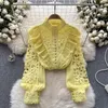 Women's Blouses High Quality Embroidery Vintage Shirt Women Stand Collar Long Sleeve Ruffles Sweet Top Hollow Out Lace Loose Blouse 2024