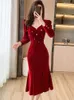 Casual Dresses Luxury Elegant Red Velvet Party Dress for Women Autumn Winter Fashion Sqaure Collar 2024 Korean Chic Ruffled Festival Robe