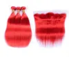Capelli umani vergini brasiliani rossi puri intrecciati con chiusura frontale Frontale in pizzo rosso pieno dritto serico colorato 13x4 con 3 pacchi 6274422