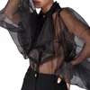 Damesblouses Dames S Mesh Sheer Body Effen Kleur Lange pofmouwen Revers Ruches Turnpakje Tops Shirt