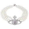 Viviennes Westwoods Saturn Diamond Inlaid Pearl Necklace Multi-Layer Bracelet Planet Neck Clavicular Chain女性