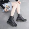 British Style Mary Janes Lace Up Real Leather Women Casua Shoes Patchwork Chunky Heels Party Pumps Height Increase Shoes Martenser Boots Short Boots