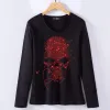 T-Shirts Hot Drill Devil Tshirt For Woman Europe Design Cotton Skull T Shirts Women's New Arrival Summer Style Long Sleeve Demon Tshirt