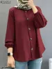 Топы ZANZEA, винтажная однотонная рубашка, женская летняя блузка, модная блузка с круглым вырезом и длинными рукавами, топы на пуговицах, повседневная мусульманская Абая, хиджаб, сорочка Blusas
