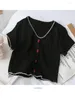 Women's T Shirts T-shirts Women Knitted Cute Crop Tees Female Buttoned Up V-Neck Solid Short Sleeve Casual 2024 Summer For