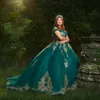 Groen Glanzend Uit De Schouder Plooi Baljurk Quinceanera Jurk Goud Applicaties Kant Kralen Tull Corset Vestidos 15 De YD