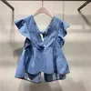 女性のブラウスBlusas Mujer de Moda Verano Elegantes V-Neck High Waist Slim Ruffled Back Lace Up Denim Shirts Blouse Women Doll Top