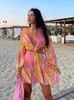 Casual Dresses Ayualin Vintage Boho Floral Print Summer 2024 Sexig Deep V Long Sleeve Dress for Women Holiday Beach Wear Mini Vestidos