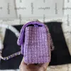 Franska damer designer klassiska mini tweed lila axelväskor med paljetter skimmer handväska ghw crossbody axelhandväskor vänder lås telefonkort holoder handväska 20 cm