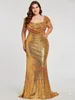 2024 Mermaid Evening Dresses Sparkly Gold Sequined Plus Size Prom Dress Square Neck Zipper Back Floor Length Ruched New Pageant Dress YD