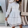 Vestidos Casuais 2024 Lente Zomer Hollow Out Lace Party Dress Knoppen Stand Kraag Kantoor Dame Jurk Lange Mouw Patchwork