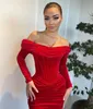 Sexy red mermaid prom dress off shoulder long sleeves velvet formal evening dresses elegant bodice party gowns for special occasions pleats robe de soiree
