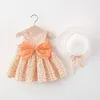 Vêtements d'été bébé fille robes de plage mode décontractée imprimer mignon arc fleur robe de princesse avec chapeau de soleil né ensemble de vêtements 240226