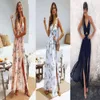 2019 New Amazon Women's Sexy Strap Beach Skirt V-neck Printed Dress