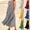 Kleid Vintage Baumwolle Leinen Lange Kleider für Frauen Sommer Einfarbig Ärmelloses Boho Maxikleid Tasche Lose Tank Kleid Plus Größe 5XL