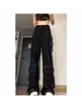 Pantalon Cargo Y2k pour femmes, mode de rue, poches à la taille, gothique, noir, Baggy, jambes larges, Harajuku, Streetwear décontracté