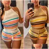 Kvinnors träningsdräkter Summer Rainbow Sticked Crop Top 2 Piece Kort byxa Set Set Womens Outfits Clothhet Backless Two Set Y Cl Dhoyl