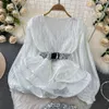 Two Piece Dress Women Luxury Sequined 2 Pieces Set Sexy V Neck Lantern Sleeve Belt Ruffles Tops Elastic Waist Bodycon Skirt Club Wear Suit 2024