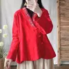 Kadın bluzları Çin tarzı pamuk ve keten işlemeli gömlek büyük boy giyim eğimli gündelik jakard üst bahar sonbahar ceket z49