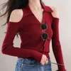 Women's Blouses 2024 Spring Women Single-breasted V-Neck Top Elegant Long Sleeve Office Shirt Slim Off Shoulder Sweet Solid