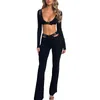 Pantalon Femme Femme Deux Pièces Tenue Sortie Manches Longues Crop Tops Moulante Flare Ensemble Slim Fit Salon Ensembles Survêtements